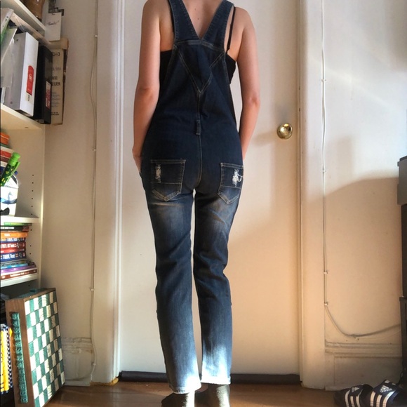 ❤️Machine Nouvelle Mode Italian Distressed Denim Overalls Dark Wash Size M 28 - Picture 10 of 10